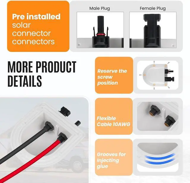 Alt view image 3 of 7 - Solar Cable Entry Gland with 10Awg Copper Solar Cable and Solar Connector UV Resistance Dual Cable Entry Housing for Solar RV Boats Yacht Roofs (White 20FT)