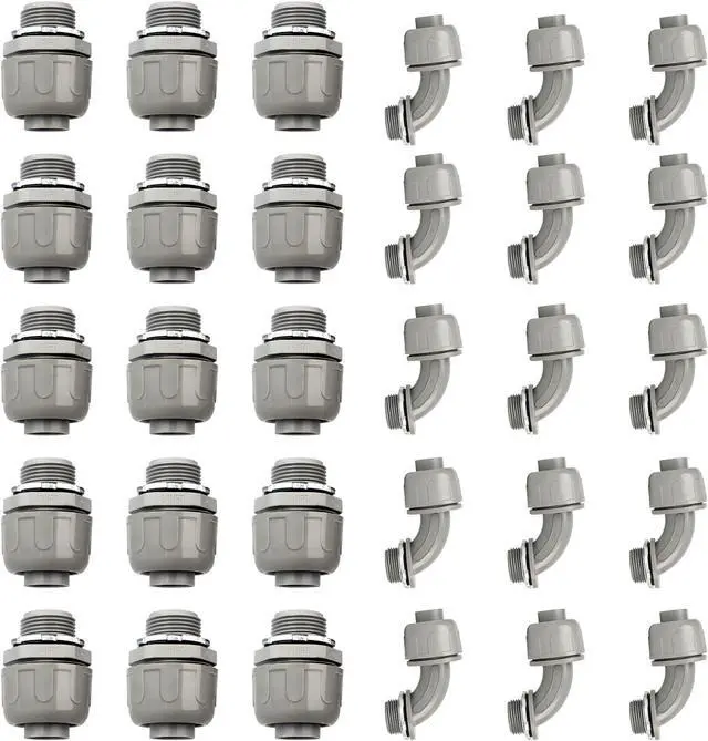 Main image of Conduit Connectors, 3/4 Inch Liquid Tight Connector NPT Non-Metallic for PVC Electrical Flexible Conduit Fittings, 15 Straight and 15 Angle 90 Degree, UL Listed, Grey (30-Pack)