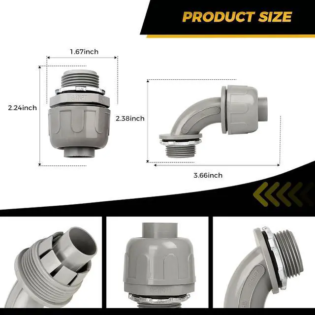 Alt view image 2 of 6 - Conduit Connectors, 3/4 Inch Liquid Tight Connector NPT Non-Metallic for PVC Electrical Flexible Conduit Fittings, 15 Straight and 15 Angle 90 Degree, UL Listed, Grey (30-Pack)