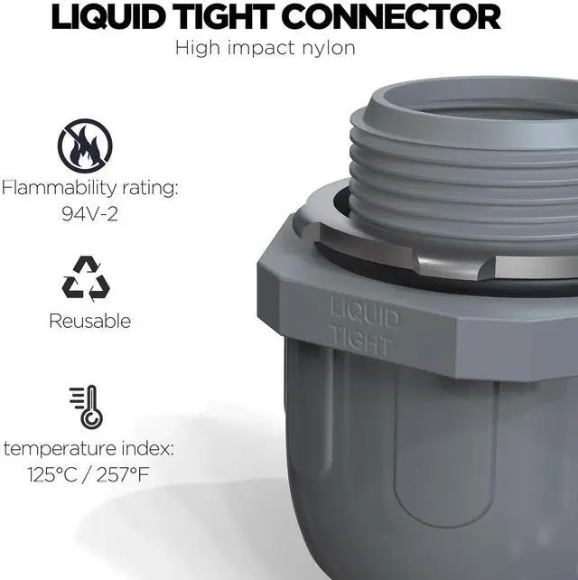 Alt view image 2 of 6 - Conduit Connectors, 1/2 Inch Liquid Tight Connector NPT Non-Metallic for PVC Electrical Flexible Conduit Fittings, 180 Degree Straight, UL Listed for Home Outdoor Tubes Tools, Grey (300-Pack)