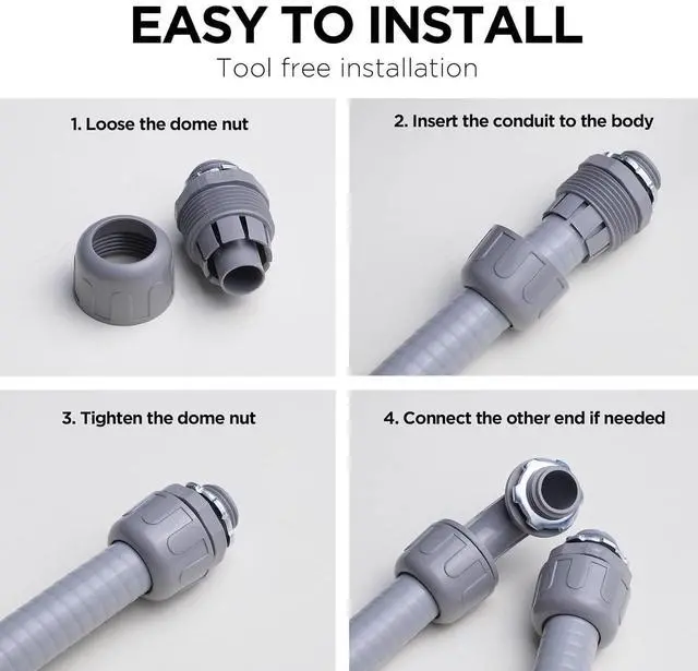 Alt view image 6 of 6 - Conduit Connectors, 1/2 Inch Liquid Tight Connector NPT Non-Metallic for PVC Electrical Flexible Conduit Fittings, 180 Degree Straight, UL Listed for Home Outdoor Tubes Tools, Grey (300-Pack)