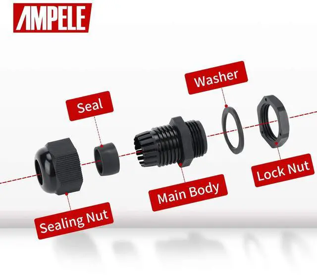 Alt view image 3 of 7 - AMPELE Cable Gland 100 Pack PG13.5 Waterproof Adjustable 6-12mm Nylon Cable Glands Joints With Gaskets, Black(PG13.5)
