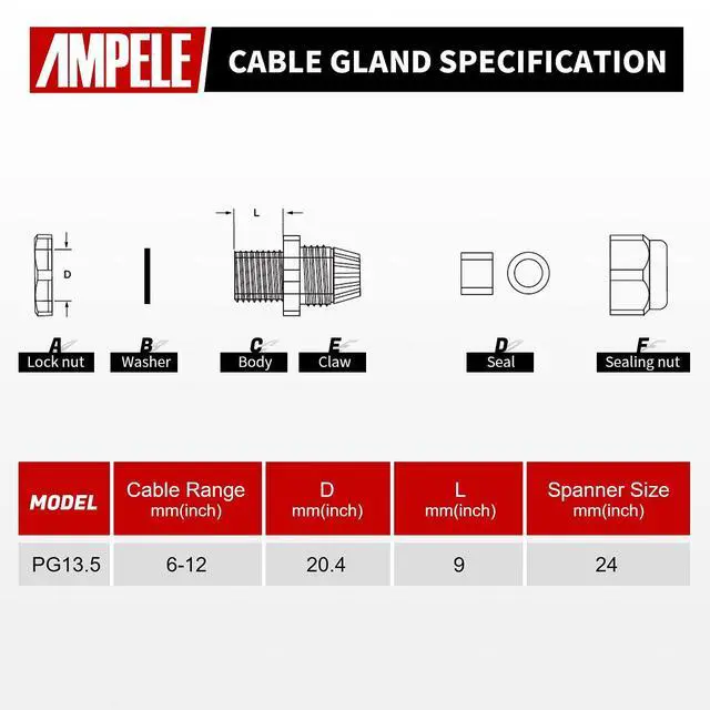 Alt view image 5 of 7 - AMPELE Cable Gland 100 Pack PG13.5 Waterproof Adjustable 6-12mm Nylon Cable Glands Joints With Gaskets, Black(PG13.5)