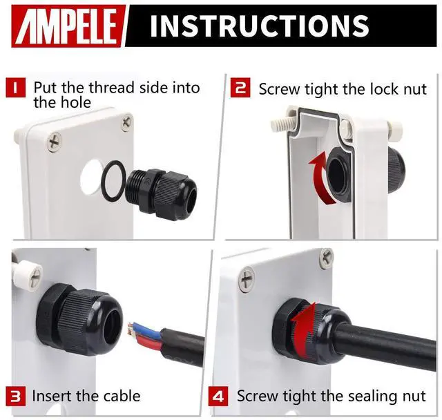 Alt view image 7 of 7 - AMPELE Cable Gland 100 Pack PG13.5 Waterproof Adjustable 6-12mm Nylon Cable Glands Joints With Gaskets, Black(PG13.5)