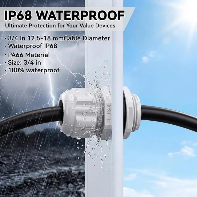 Alt view image 3 of 7 - 100 Pcs 3/4" NPT Grey Nylon Cable Gland, Waterproof IP68 PA68 Adjustable Locknut Cable Diameter Waterproof Connectors Cord Grip