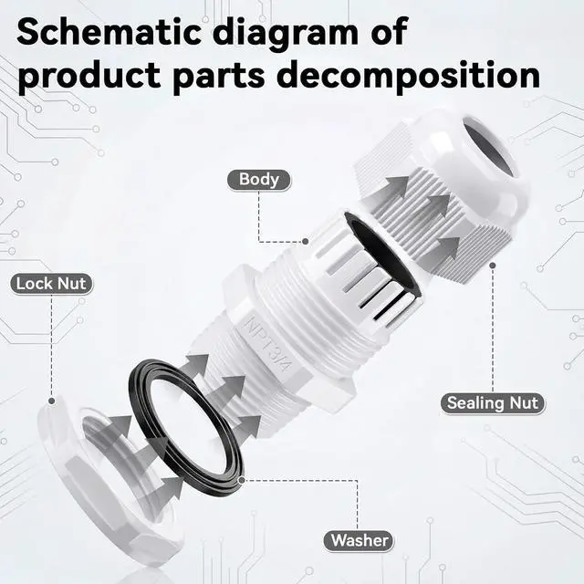 Alt view image 4 of 7 - 100 Pcs 3/4" NPT Grey Nylon Cable Gland, Waterproof IP68 PA68 Adjustable Locknut Cable Diameter Waterproof Connectors Cord Grip