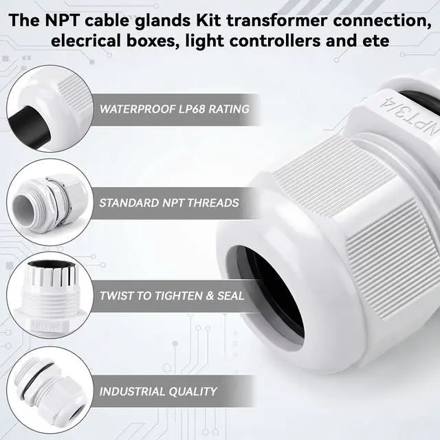 Alt view image 5 of 7 - 100 Pcs 3/4" NPT Grey Nylon Cable Gland, Waterproof IP68 PA68 Adjustable Locknut Cable Diameter Waterproof Connectors Cord Grip