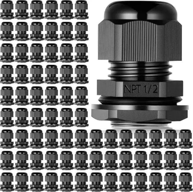 Main image of 200 Pcs 1/2" NPT Black Nylon Cable Gland, Waterproof IP68 Adjustable Locknut Cable Diameter Waterproof Connectors Black Cord Grip