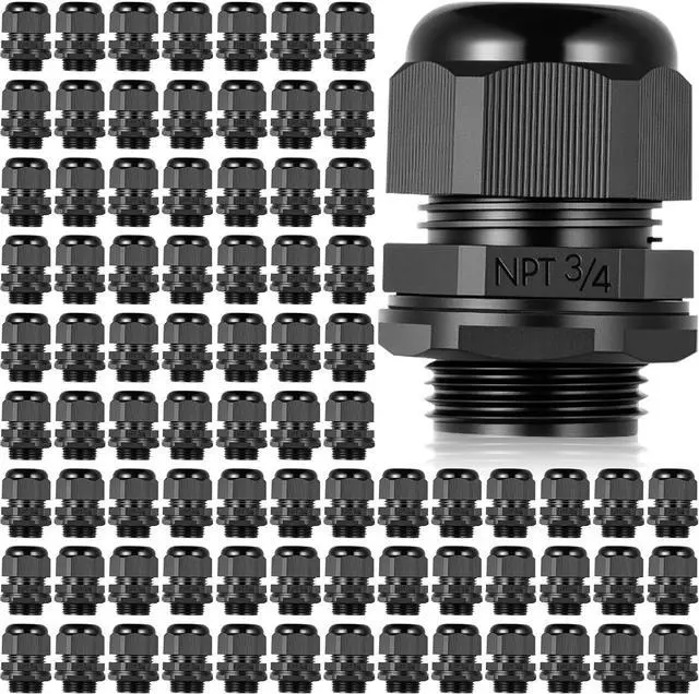 Main image of 100 Pcs 3/4" NPT Black Nylon Cable Gland, Waterproof IP68 Adjustable Locknut Cable Diameter Waterproof Connectors Black Cord Grip