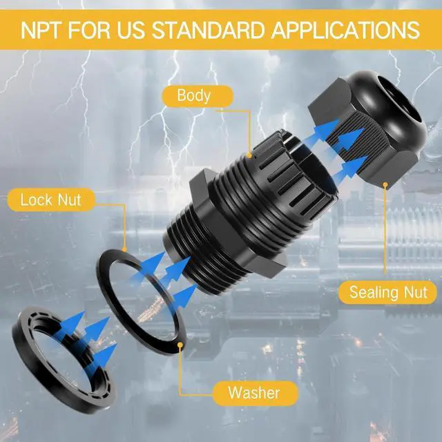 Alt view image 4 of 6 - 100 Pcs 3/4" NPT Black Nylon Cable Gland, Waterproof IP68 Adjustable Locknut Cable Diameter Waterproof Connectors Black Cord Grip