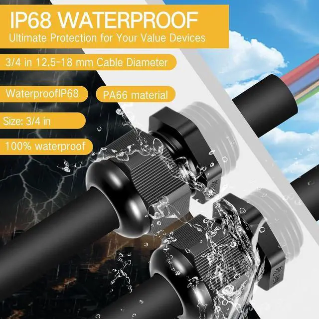 Alt view image 5 of 6 - 100 Pcs 3/4" NPT Black Nylon Cable Gland, Waterproof IP68 Adjustable Locknut Cable Diameter Waterproof Connectors Black Cord Grip
