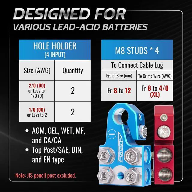 Alt view image 5 of 7 - 8-Way Lead Acid Battery Terminal Connector, Positive and Negative Set, Battery Post Adapter for SAE/DIN/EN Tapered Top Post, Compatible with 8AWG to 4/0 AWG, Includes OEM Top Post Adapter