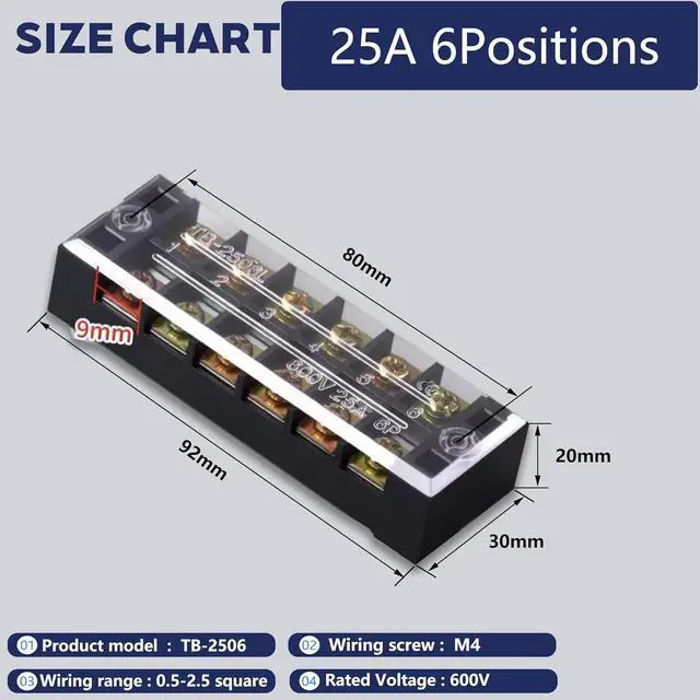 Alt view image 2 of 7 - Terminal Block (8 Sets) 8Pcs 6 Positions Dual Row 600V 25A Screw Terminal Strip Blocks with Cover&8Pcs Pre-Insulated Barrier Termina Block Strip& 48Pcs Insulated Fork Wire Connector