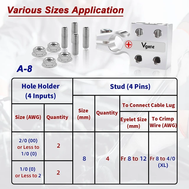 Alt view image 4 of 7 - 8-Way Lead Acid Battery Terminal Connector, AGM Post Terminal Ends, 8AWG to 4/0(XL), Positive & Negative for SAE/DIN/EN Tapered Top Post