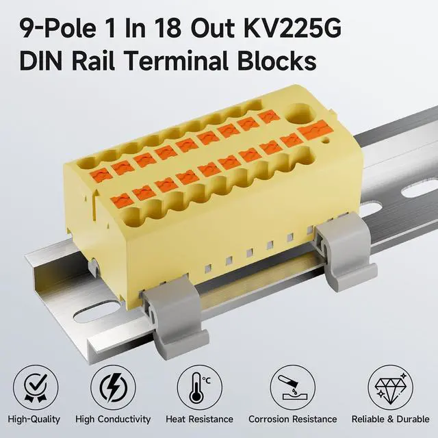 Alt view image 2 of 7 - 4Pcs KV225G DIN Rail Terminal Blocks, 9-Pole 1 in 18 Out Push-in Wire Connector/Splitter, 690V 24A