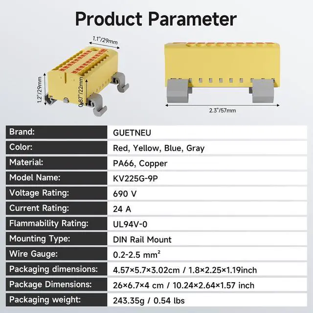 Alt view image 7 of 7 - 4Pcs KV225G DIN Rail Terminal Blocks, 9-Pole 1 in 18 Out Push-in Wire Connector/Splitter, 690V 24A