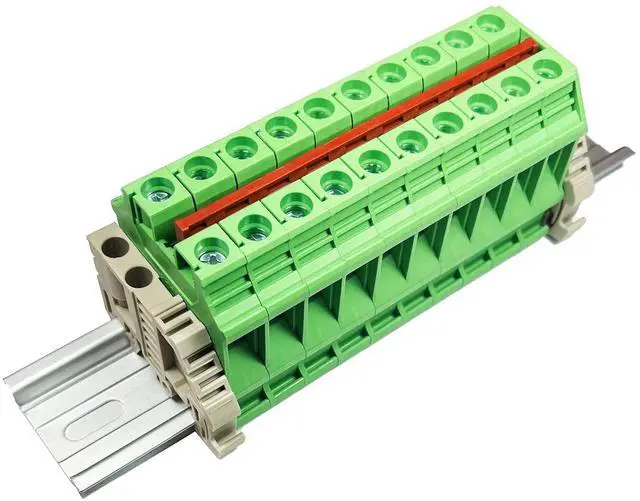 Main image of Dinkle Combiner DK10N-GN 10 Gang with Jumper Inserted DIN Rail Terminal Blocks, 6-20 AWG, 60 Amp, 600 Volt Green Bus Bar Busbar