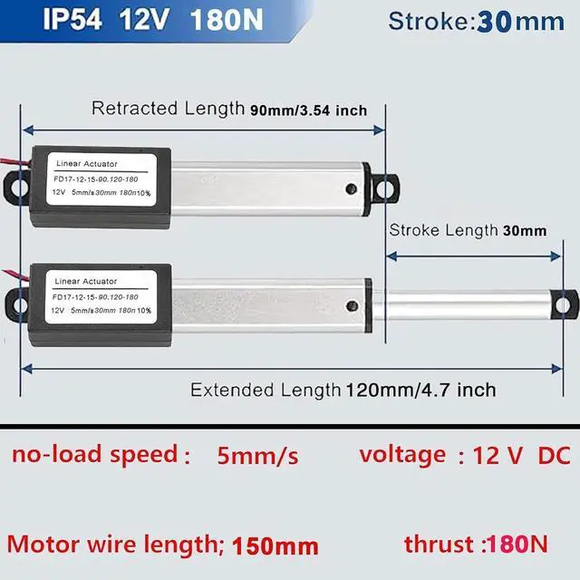Alt view image 3 of 6 - AWINLI Mini1.2" Stroke 12V Linear Actuator,180N/40.5Lbs Waterproof Micro Electric Actuator,Speed 5mm/s with Instantaneous Switch Mounting Bracket,for Cabinets,Window Openers,Robots (30mm)