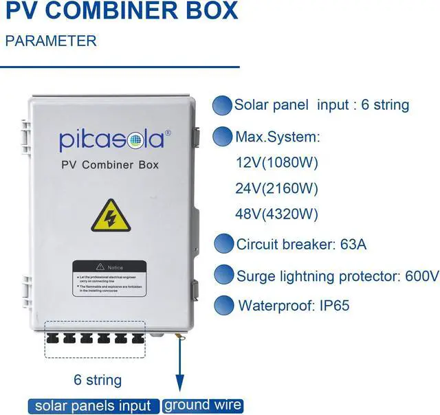 Alt view image 2 of 7 - PV Combiner Box, 6 String Solar Combiner Box with 15A LED Fuse, Lightning Arreste and 63A Air Circuit BreakerCombiner Box for Solar Panel On/Off Grid System, IP65 Water Resistant