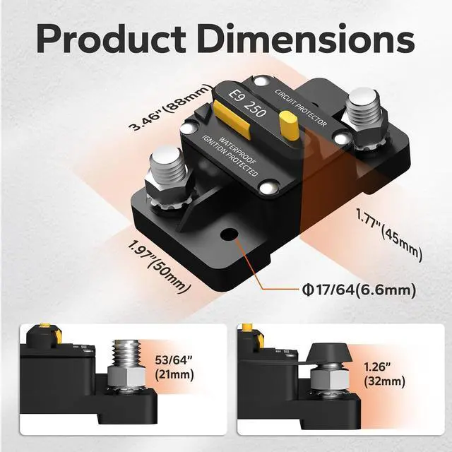 Alt view image 2 of 7 - 250A Switchable Circuit Breaker for LiFePO4 Batteries Easy to Install and Operate for Automotive, Marine, and Solar Applications, Designed for Wide Compatibility