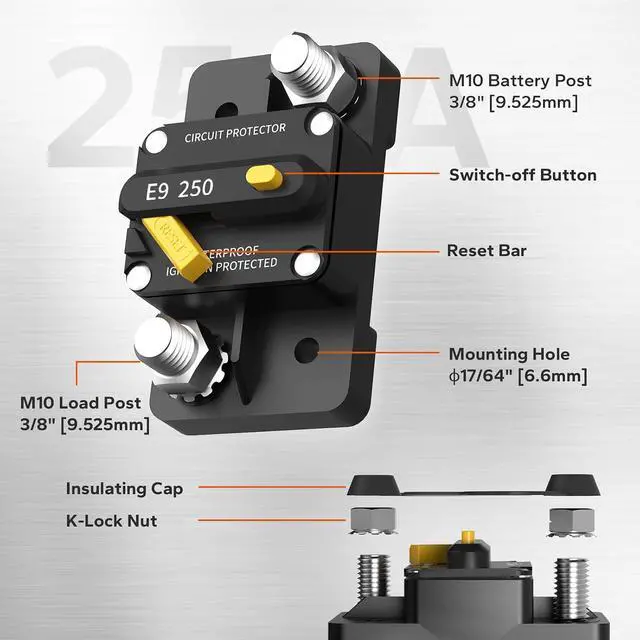 Alt view image 3 of 7 - 250A Switchable Circuit Breaker for LiFePO4 Batteries Easy to Install and Operate for Automotive, Marine, and Solar Applications, Designed for Wide Compatibility