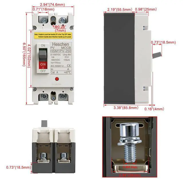 Alt view image 5 of 7 - 200A DC550V, DC Molded Case Circuit Breaker MCCB, 2 Poles, HSM1PV-250, Photovoltaic Circuit Breaker, for Solar PV System Solar Panels Grid System
