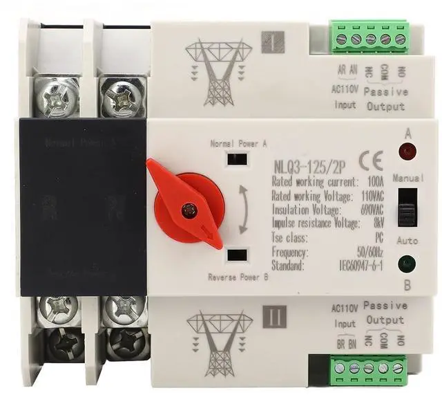 Main image of Automatic Transfer Switch 100A 110V Dual Power ATS, PC Grade Isolation Type Self Throwing Self Returning with Manual/Auto Operation for PZ30 Box,Home Generator,35mm DIN Rail Mount