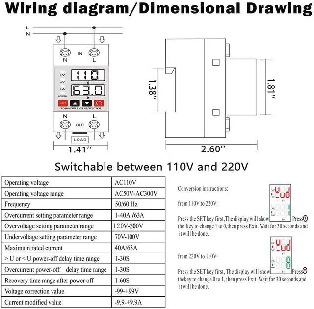 Alt view image 2 of 7 - 63A Smart Voltage Protector 110V 220V, LCD Display, Adjustable Over/Under Voltage Protection, DIN Rail Mount, 2 Pack