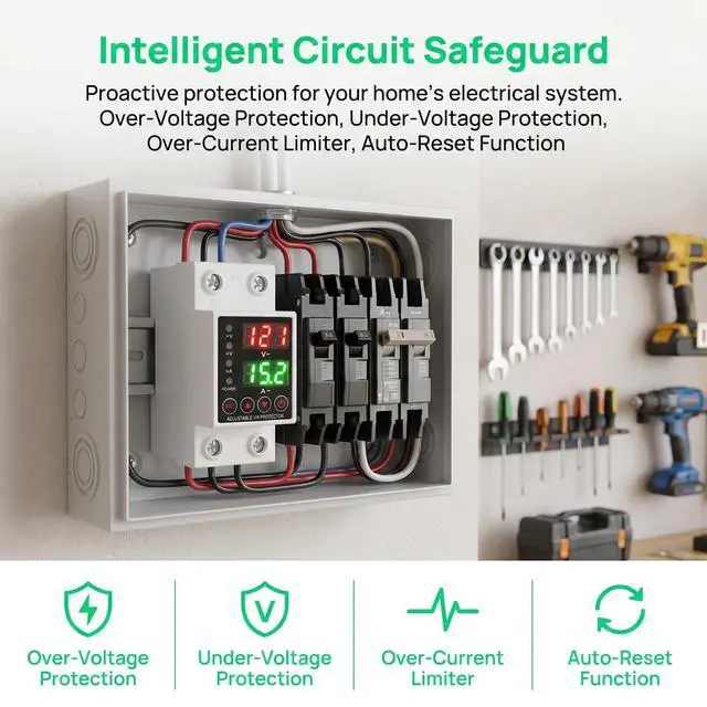 Alt view image 3 of 7 - 63A Smart Voltage Protector 110V 220V, LCD Display, Adjustable Over/Under Voltage Protection, DIN Rail Mount, 2 Pack