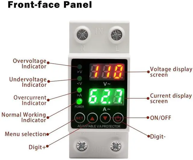 Alt view image 5 of 7 - 63A Smart Voltage Protector 110V 220V, LCD Display, Adjustable Over/Under Voltage Protection, DIN Rail Mount, 2 Pack