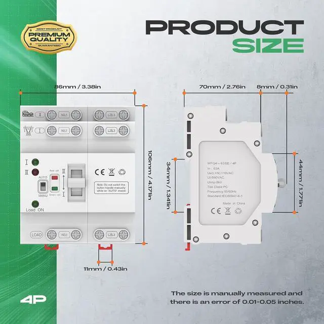 Alt view image 2 of 7 - Mini Automatic Transfer Switch 4P 63A 110V,ATS Automatic/Manual DIN Rail Mount Dual Power Transfer Switch for Home Generator, RVPublic/Backup Power Supply