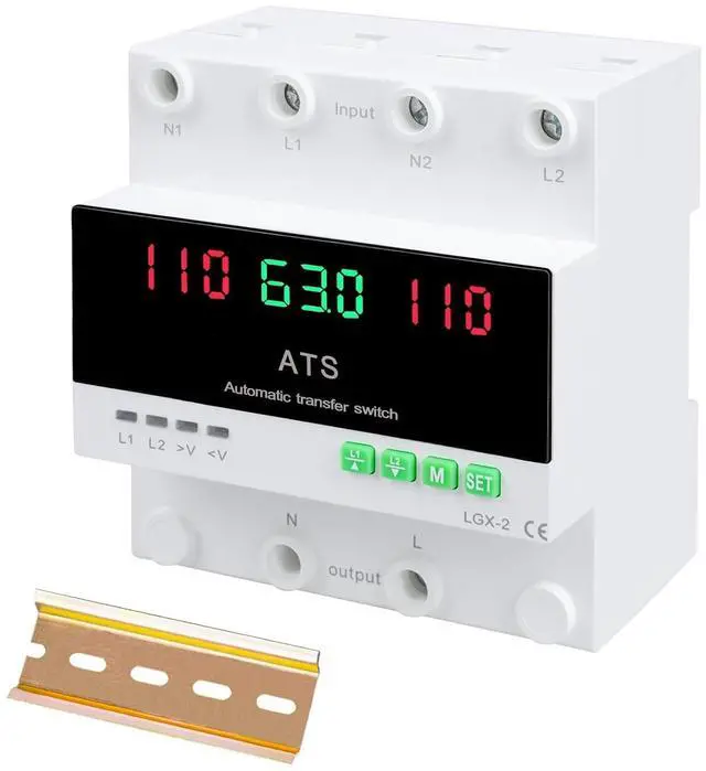 Main image of 63A 110V Automatic/Manual Transfer Switch, L1 Priority Phase Selector, LED Display, Din Rail Mount, 50/60Hz, CE Certified ATS for Generator, Inverter, Public Power