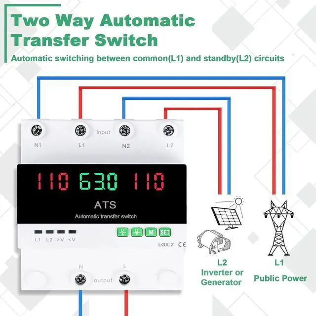 Alt view image 3 of 7 - 63A 110V Automatic/Manual Transfer Switch, L1 Priority Phase Selector, LED Display, Din Rail Mount, 50/60Hz, CE Certified ATS for Generator, Inverter, Public Power