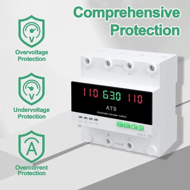 Alt view image 2 of 7 - 63A 110V Automatic/Manual Transfer Switch, L1 Priority Phase Selector, LED Display, Din Rail Mount, 50/60Hz, CE Certified ATS for Generator, Inverter, Public Power