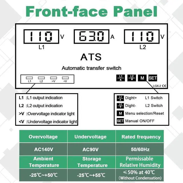 Alt view image 4 of 7 - 63A 110V Automatic/Manual Transfer Switch, L1 Priority Phase Selector, LED Display, Din Rail Mount, 50/60Hz, CE Certified ATS for Generator, Inverter, Public Power