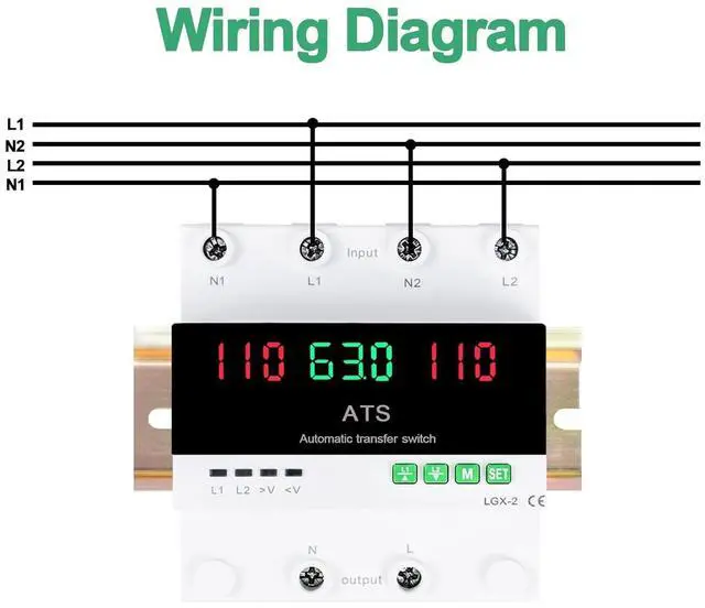 Alt view image 6 of 7 - 63A 110V Automatic/Manual Transfer Switch, L1 Priority Phase Selector, LED Display, Din Rail Mount, 50/60Hz, CE Certified ATS for Generator, Inverter, Public Power