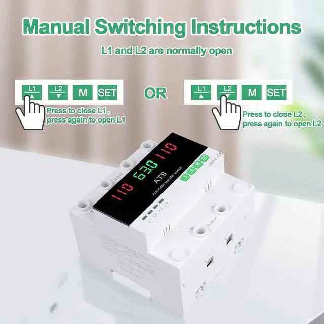 Alt view image 5 of 7 - 63A 110V Automatic/Manual Transfer Switch, L1 Priority Phase Selector, LED Display, Din Rail Mount, 50/60Hz, CE Certified ATS for Generator, Inverter, Public Power