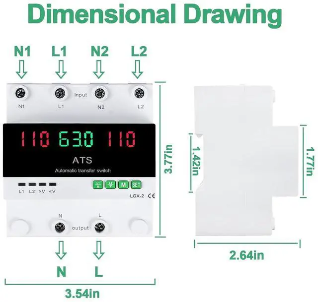 Alt view image 7 of 7 - 63A 110V Automatic/Manual Transfer Switch, L1 Priority Phase Selector, LED Display, Din Rail Mount, 50/60Hz, CE Certified ATS for Generator, Inverter, Public Power
