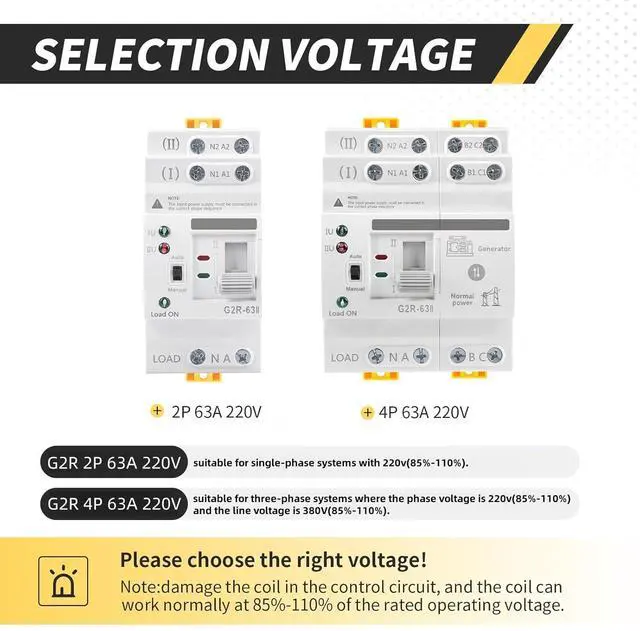 Alt view image 4 of 7 - Mini ATS Automatic/Manual Transfer Switch 4P 63A AC220V, Home Generator Manual Transfer Switches for Uninterruptible Power Supply, 3Phas Dual Auto Power Electrical Selector Switch DIN Rail Mount G2R