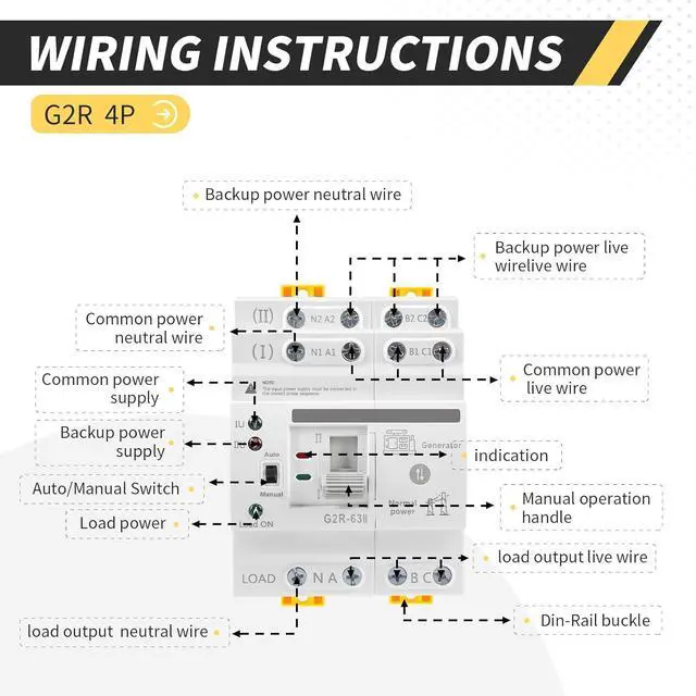 Alt view image 3 of 7 - Mini ATS Automatic/Manual Transfer Switch 4P 63A AC220V, Home Generator Manual Transfer Switches for Uninterruptible Power Supply, 3Phas Dual Auto Power Electrical Selector Switch DIN Rail Mount G2R