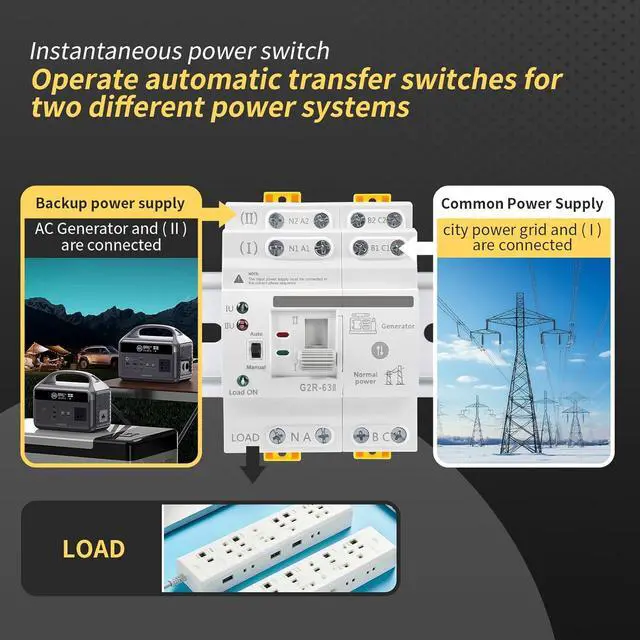 Alt view image 2 of 7 - Mini ATS Automatic/Manual Transfer Switch 4P 63A AC220V, Home Generator Manual Transfer Switches for Uninterruptible Power Supply, 3Phas Dual Auto Power Electrical Selector Switch DIN Rail Mount G2R