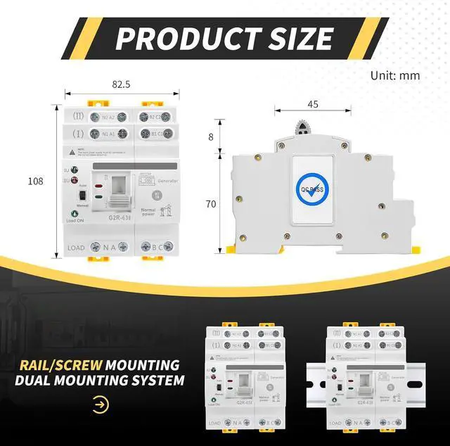Alt view image 6 of 7 - Mini ATS Automatic/Manual Transfer Switch 4P 63A AC220V, Home Generator Manual Transfer Switches for Uninterruptible Power Supply, 3Phas Dual Auto Power Electrical Selector Switch DIN Rail Mount G2R