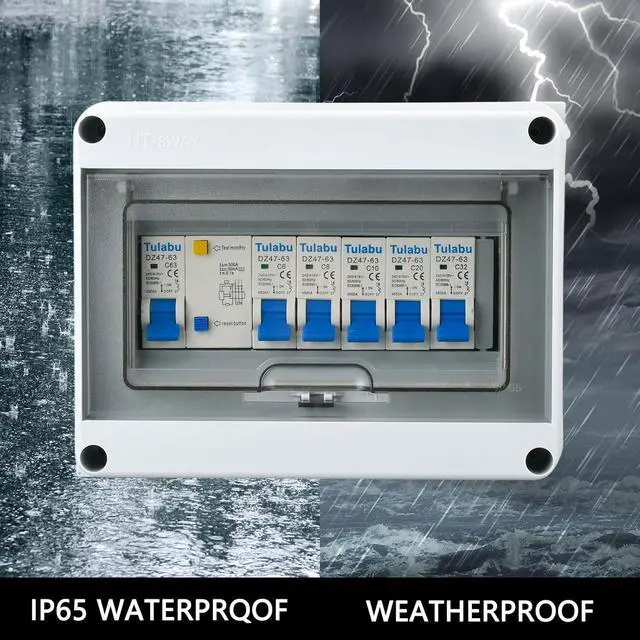 Alt view image 3 of 7 - 8 Way Miniature Circuit Breakers with Waterproof Distribution Box Outdoor 63A 220V Earth Leakage Overload Short Circuit Protection for Home, Industrial, and Commercial Use(6A 10A 20A 32A)