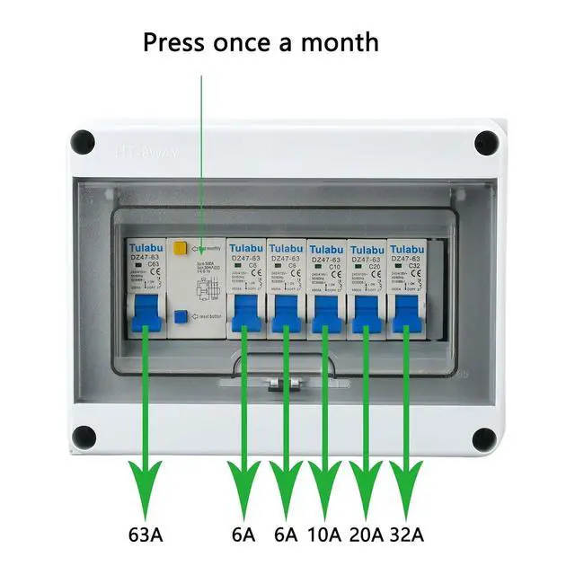 Alt view image 5 of 7 - 8 Way Miniature Circuit Breakers with Waterproof Distribution Box Outdoor 63A 220V Earth Leakage Overload Short Circuit Protection for Home, Industrial, and Commercial Use(6A 10A 20A 32A)