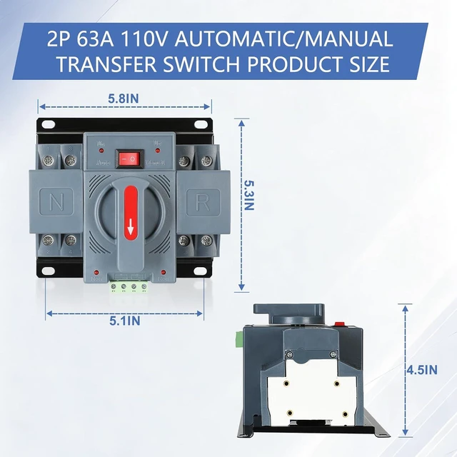 Alt view image 4 of 7 - 2-Pole 63A AC110V Dual Power Automatic Transfer Switch, 50/60Hz ATS Auto Changeover for Generator, CE Certified Solar Backup Power Selector with Over/Under Voltage