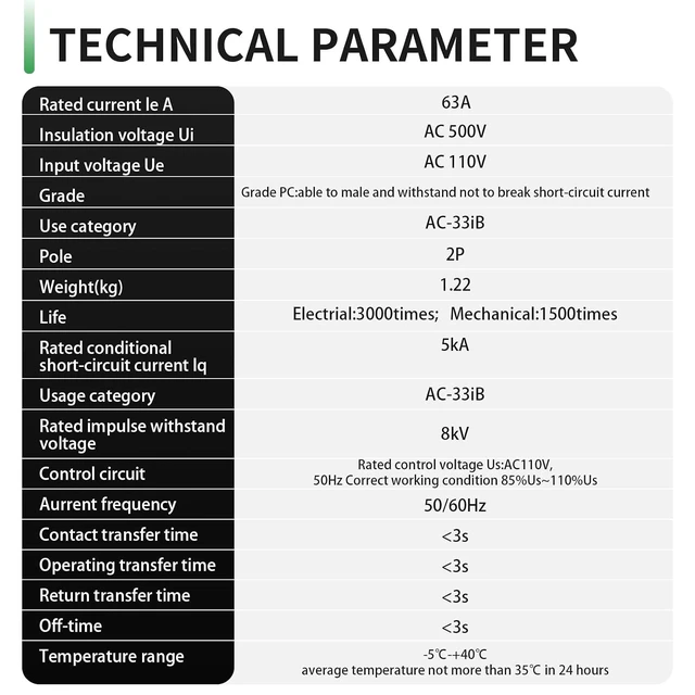 Alt view image 6 of 7 - 2-Pole 63A AC110V Dual Power Automatic Transfer Switch, 50/60Hz ATS Auto Changeover for Generator, CE Certified Solar Backup Power Selector with Over/Under Voltage