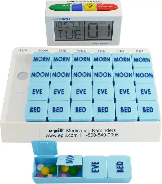 Alt view image 2 of 7 - e-Pill 4 Times a Day x 7 Day Large Weekly Pill Organizer, Vitamin, and Medicine Pillbox - with 4 Alarm Talking Reminder