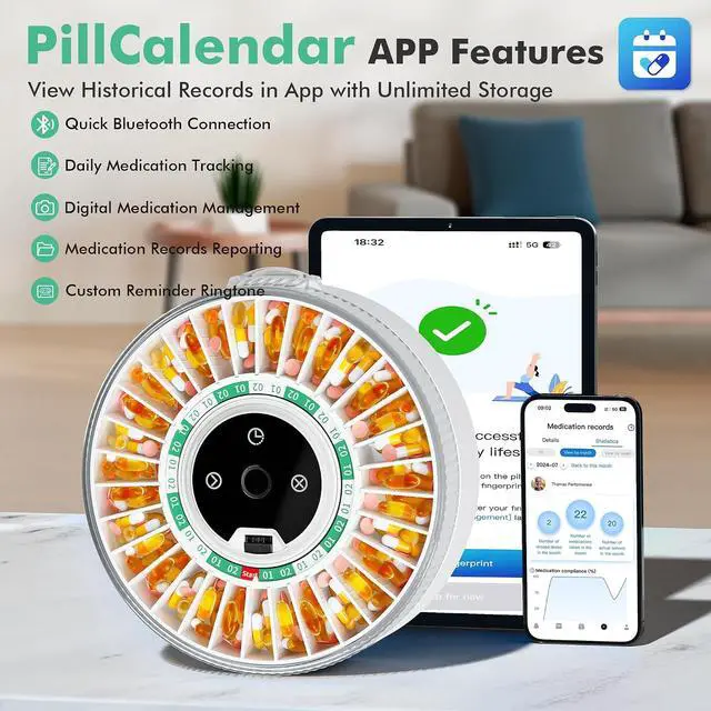 Alt view image 6 of 7 - PillCalendar Bluetooth Automatic Pill Dispenser for Elderly with Alarm, Smart Pill Dispenser with 31-Slot, Fingerprint& Mechanical Dual Lock Medication Dispenser, Timed Dispenser Machine (Green)
