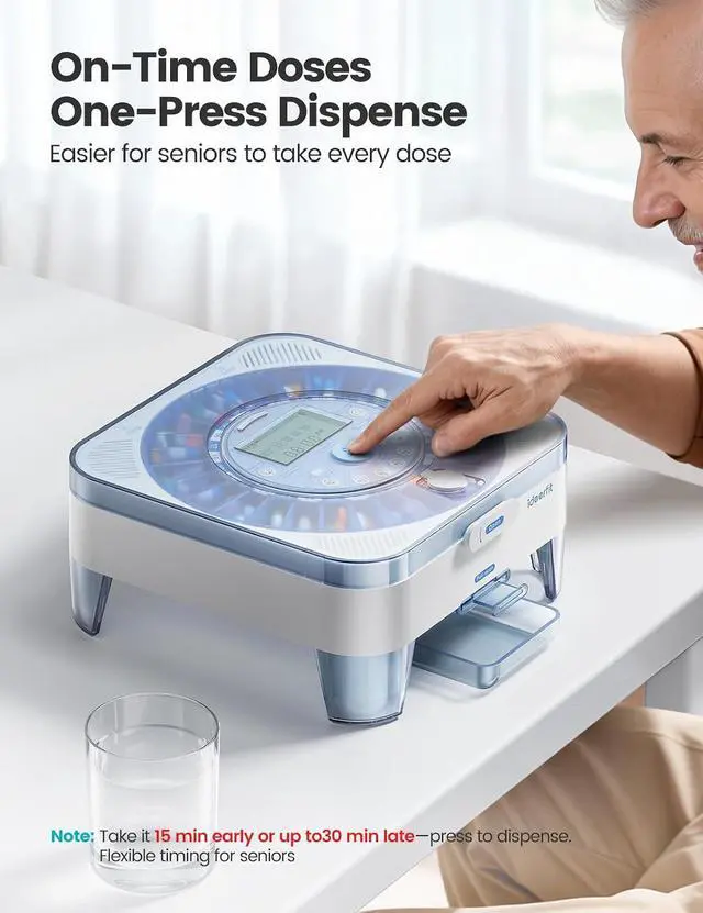 Alt view image 2 of 7 - 28-Day(1X) Automatic Pill Dispenser One-Press Daily Dispense (No APP), Easy-to-Use Slide-Door Cup, Sound & Light Alerts, Moisture-Proof Dual Desiccants, Large Compartments for Tablets & Capsules