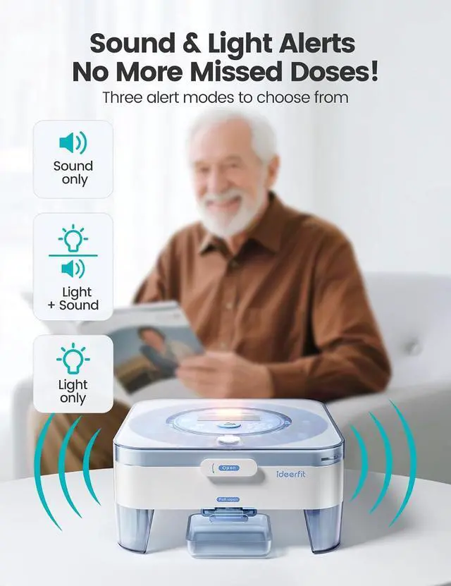 Alt view image 4 of 7 - 28-Day(1X) Automatic Pill Dispenser One-Press Daily Dispense (No APP), Easy-to-Use Slide-Door Cup, Sound & Light Alerts, Moisture-Proof Dual Desiccants, Large Compartments for Tablets & Capsules